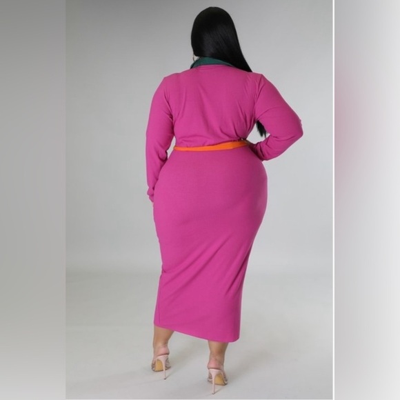 Women’s Plus Size Magenta Long Sleeve Collar Ribbed Maxi Dress - Picture 3 of 10